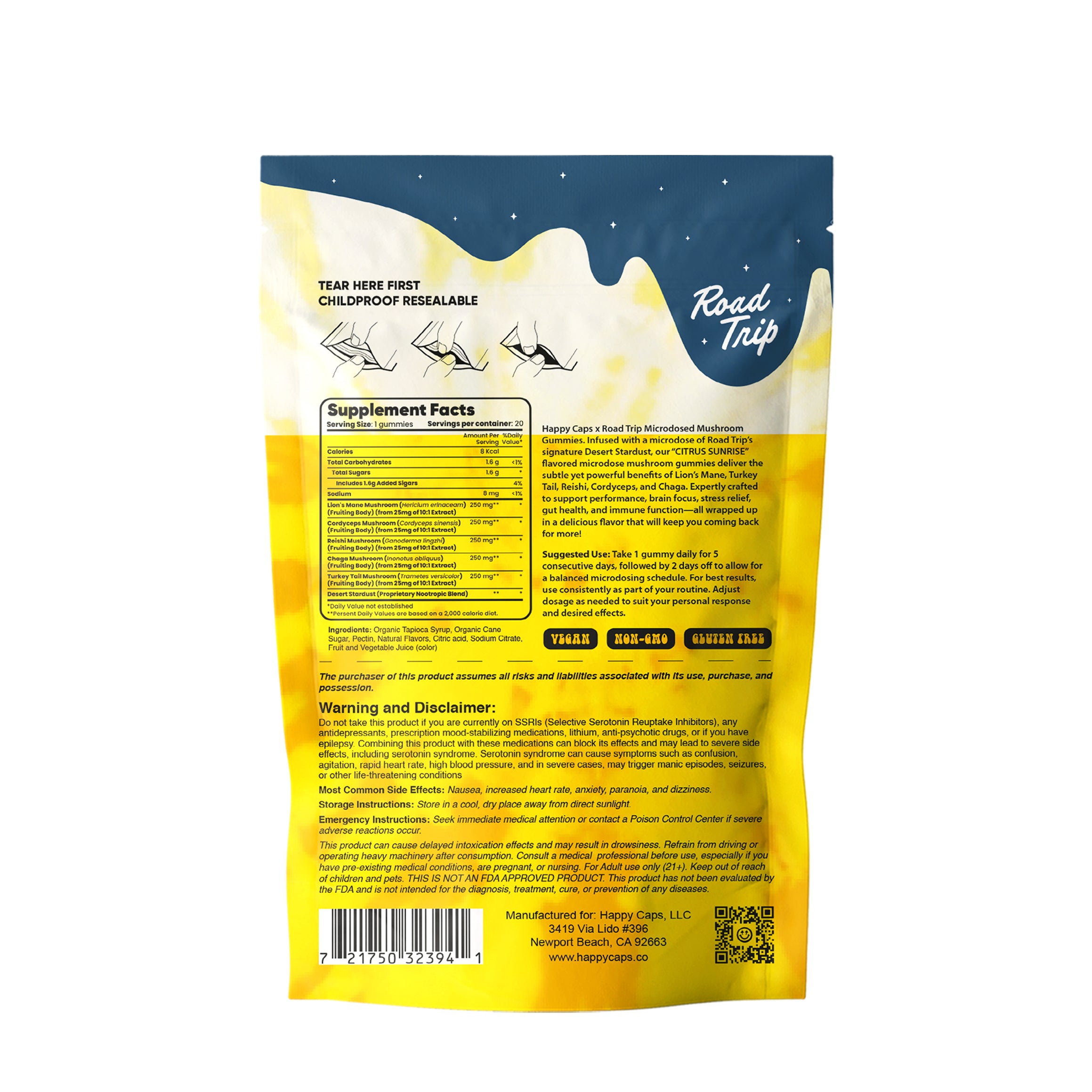 Happy Caps® x Road Trip  - MICRODOSED Gummies + Functional Mushrooms - Citrus Sunrise (20pc Discontinued Packaging)