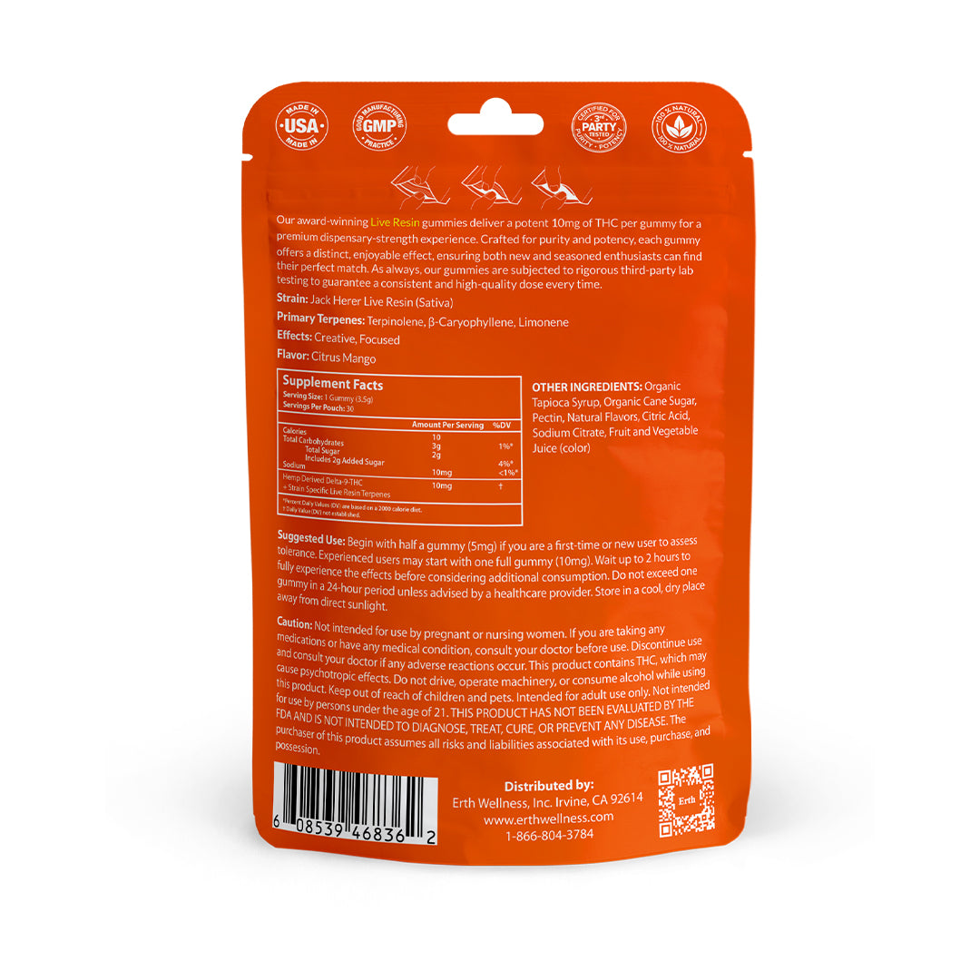 Erth Wellness Jack Herer THC Gummies back label with ingredients directions and Supplement Facts