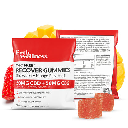 THC-Free Recover Gummies – CBD + CBG | Strawberry Mango (50mg Sample Pack)