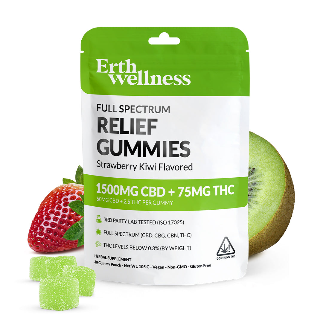 Full Spectrum RELIEF Gummies - Vegan - Strawberry Kiwi - 1500mg CBD + 75mg THC