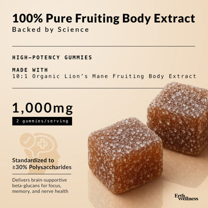 Lion’s Mane Nootropic Gummies by Erth Wellness – 10:1 Fruiting Body Extract – Cognitive Support
