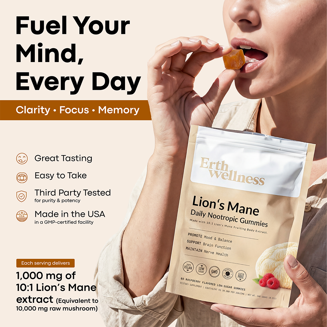 Lion’s Mane Nootropic Gummies by Erth Wellness – 10:1 Fruiting Body Extract – Cognitive Support