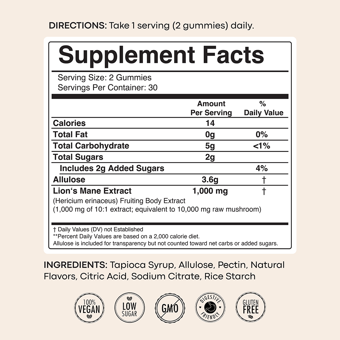Lion’s Mane Nootropic Gummies by Erth Wellness – 10:1 Fruiting Body Extract – Cognitive Support